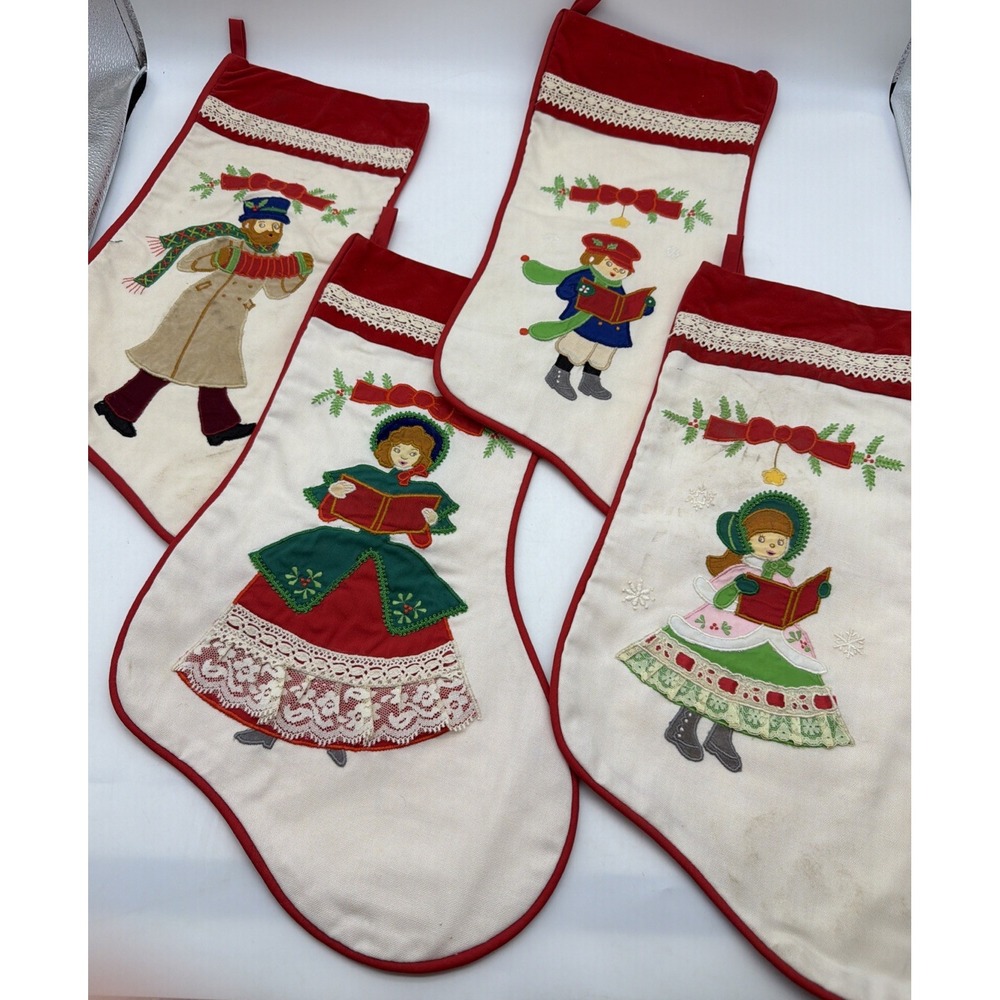 4- vintage house of Hatten christmas stockings caroler appliqué